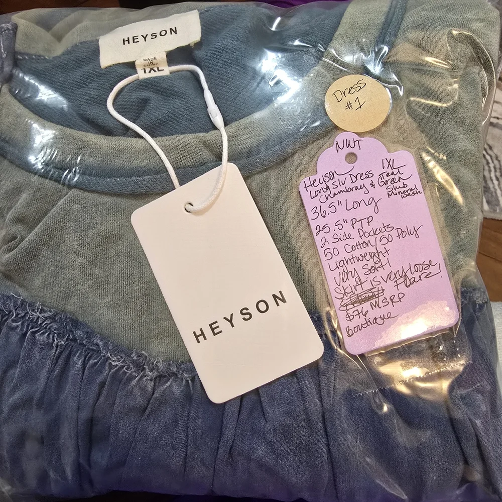 1XL NWT HEYSON Chambray/Grn Mineral Wash Dress 25.5ptp 36.5Long 2 Pockets SOFT! - Picture 16 of 16